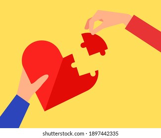 Concepto de amor: Hay forma de corazón rojo de amor y dos manos comparten su amor. Estilo vectorial de dibujos animados para su diseño.