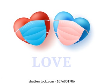 Concepto de amor con dos corazones rojos y azules muy realistas en máscara médica. Protección del coronavirus y celebración del Día de San Valentín. Banner de amor de ilustración de vector