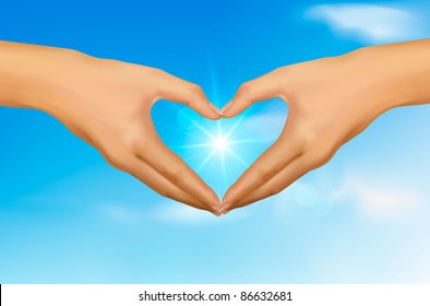 Love concept. Two hands making the form of heart in front of the blue sky with sun. Vector illustration.