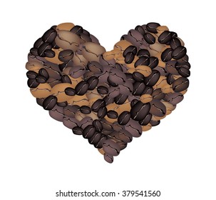 Love Concept, Various Colors of Roasted Coffee Beans Forming in A Heart Shape Isolated on A White Background