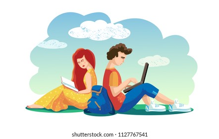 Love concept. Vector illustration. Lovers boy and girl together spend time in open air. Woman reading book Man working on laptop Students sitting on grass. Resentment. Quarreled. Couple in love. Wound