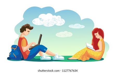 Love concept. Vector illustration. Lovers boy and girl together spend leisure time in open air. Woman reading book. Man working on laptop. Students sitting on grass. Recreation. Couple in love