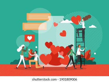 Love concept vector illustration. Woman fill bottle jar with red hearts. Valentines day flat poster. Man makes a proposal to woman. Romantic couple. Love is chemistry concept