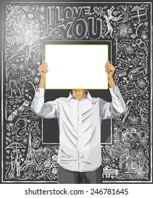 Love concept. Vector Man with write board in his hands against love story elements background