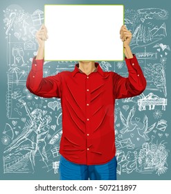 Love concept. Vector Man with write board in his hands against love story elements background