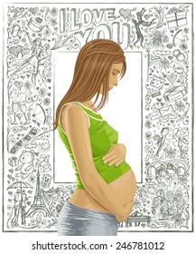 Love concept. Vector pregnant female with tummy, waiting for new life against love story elements background