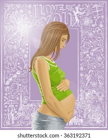 Love concept. Vector pregnant female with tummy, waiting for new life against love story elements background