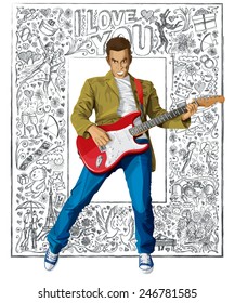 Love concept. Vector punk man with the guitar against love story elements background 