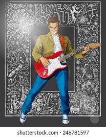 Love concept. Vector punk man with the guitar against love story elements background 