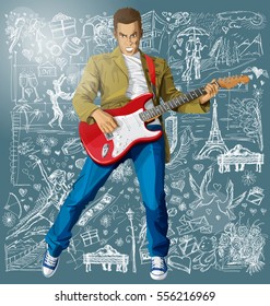 Love concept. Vector punk man with the guitar against love story elements background 