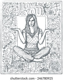 Love concept. Vector Sketch, comics style woman in lotus pose with open hands, against background with love story elements