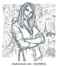 Love concept. Vector Sketch, comics style young business woman with crossed hands , against background with love story elements