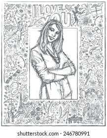 Love concept. Vector Sketch, comics style young business woman with crossed hands , against background with love story elements