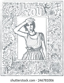 Concepto de amor. Esbozo vectorial, chica sorprendida al estilo de los comics, mirando hacia arriba, con la mano abierta, contra el fondo con elementos de la historia de amor