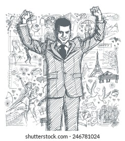 Concepto de amor. Esbozo vectorial, hombre de negocios feliz al estilo de los comics con las manos en alto, celebrando su victoria, contra el fondo con elementos de la historia de amor