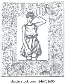 Love concept. Vector Sketch, comics style woman looking on camera, with hand near her head, against background with love story elements