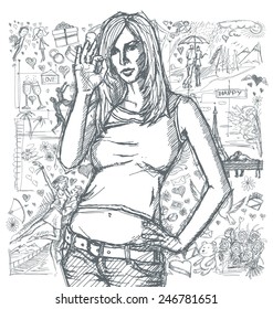 Love concept. Vector Sketch, comics style cute woman shows OK, against background with love story elements