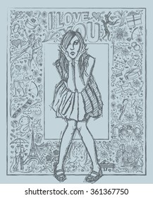 Love concept. Vector Sketch, comics style surprised blonde woman  in dress, against background with love story elements