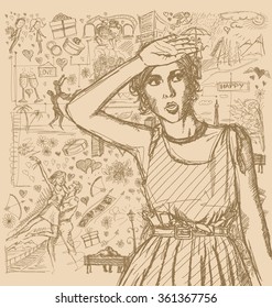 Love concept. Vector Sketch, comics style surprised girl, looking up, with open hand, against background with love story elements