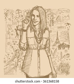 Love concept. Vector Sketch, comics style business woman writing something, against background with love story elements