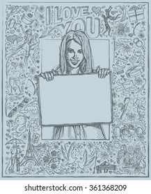 Love concept. Vector Sketch, comics style happy business woman holding blank white card in her hands, against background with love story elements