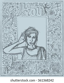 Love concept. Vector Sketch, comics style female overhearing something with her ear and hand, very surprised, against background with love story elements