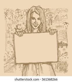 Love concept. Vector Sketch, comics style happy business woman holding blank white card in her hands, against background with love story elements