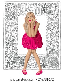 Love concept. Vector surprised blond in pink dress against background with love story elements