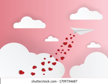  Concepto de amor. Plano de papel blanco volando en un cielo rosado entre los clavos ahogando corazones de papel. Idea creativa. ilustración vectorial.