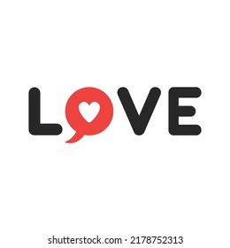 Love concept, love word with speech bubble and heart icons, flat vector illustration. 