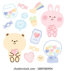 Love concept.Pastel color.Set of cute cartoon animals.Rabbit,bear,heart,candy hand drawn.Image for kid product,sticker.Kawaii.Vector.Illustration.