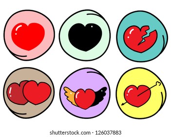 Love Concepts, An Illustration Set of Red and Black Heart Icons & Symbols with Different Variations in Circle Frame