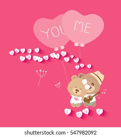 Love concepts for valentines day of couple teddy bear holding pink heart balloon and playing ukulele 