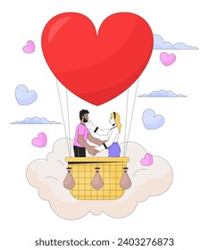 Me encanta la confesión en el concepto de ilustración lineal 2D de vuelo en globo aerostático. Personajes de dibujos animados de parejas interraciales aislados en blanco. Metáfora especial metáfora abstracta de contorno vectorial plano