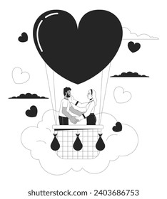 Me encanta la confesión en globo aerostático de vuelo en blanco y negro concepto de ilustración 2D. La caricatura de una pareja interracial resume a los personajes aislados en blanco. Metáfora de ocasión especial arte vectorial monocromo