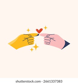 Love Connection Vector. Flat design illustration of two fingers touching a heart. Romance, relationships, partnership, care, and affection concepts