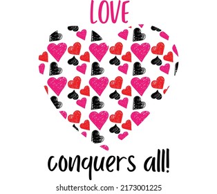 Love conquers all hearts pattern shape. Black, pink and red hearts. 
