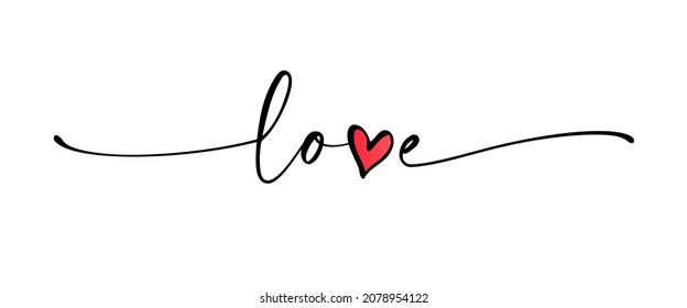 Love - Continuous Line Cursive Text. Lettering Typography Design With Word Love And Doodle Heart. Elegant Vector Print For T-shirt, Poster, Card, Banner Valentine Day, Wedding