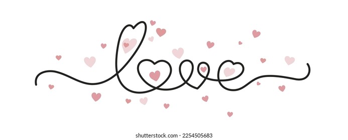 Love. Continuous line script calligraphy text love. Lettering vector illustration for Valentine's Day, wedding. Hand drawn word - love with line hearts letters