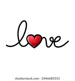 LOVE. Continuous line script cursive text love. Lettering vector illustration for poster, card, banner valentine day, wedding. Hand drawn word - love with doodle heart.