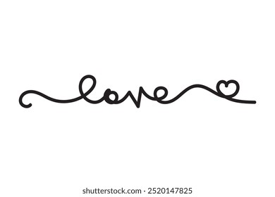 LOVE. Continuous line script cursive text love. Lettering vector illustration for poster, card, banner valentine day, wedding. Hand drawn word - love with doodle heart. Print for tee, t-shirt.