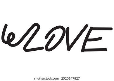 LOVE. Continuous line script cursive text love. Lettering vector illustration for poster, card, banner valentine day, wedding. Hand drawn word - love with doodle heart. Print for tee, t-shirt.