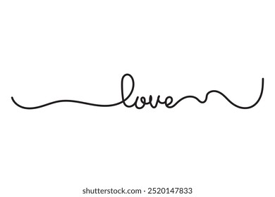 LOVE. Continuous line script cursive text love. Lettering vector illustration for poster, card, banner valentine day, wedding. Hand drawn word - love with doodle heart. Print for tee, t-shirt.