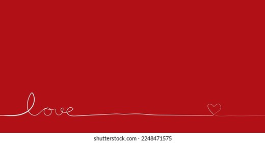Love. Continuous line script. Love lettering vector illustration for poster, card, banner, valentine day or wedding. Hand drawn word of love and heart symbol on red background with blank space.