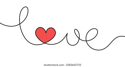 Love, Continuous One Line Drawing, Valentine's Day, Red Heart, Minimalist, Isolated, Vector