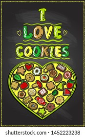 I love cookies chalkboard poster, hand drawn vector illustration with heart shaped cookie box and many different cookies