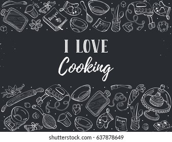 I love cooking. Baking tools in horizontal composition. Recipe book background concept. Poster with hand drawn kitchen utensils. 