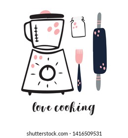 Love cooking card.Vector print with jar, blender, cooking things.
