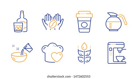 Love cooking, Coffee and Gluten free line icons set. Coffeepot, Takeaway coffee and Whiskey glass signs. Cooking water symbol. Chef hat, Roasted bean. Food and drink set. Vector