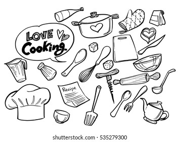 love cooking concept.Poster with hand drawn kitchen utensils. 